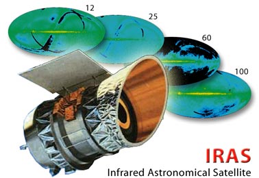 Artwork of the IRAS Satellite and 4 microwave frequency images.