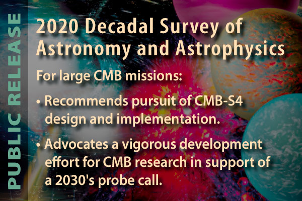 2020 Decadal Survey of Astronomy and Astrophysics: CMB-S4 design and implementation, CMB research in support of a 2030's probe call.